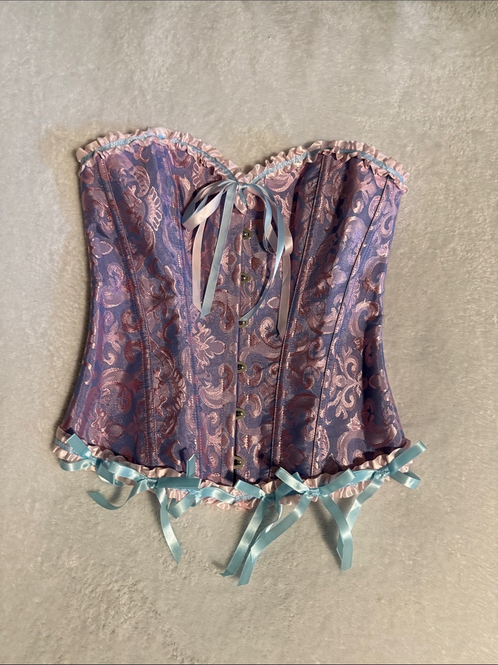 Lavender & Pink Brocade Strapless Corset with Blue Ribbon Accents